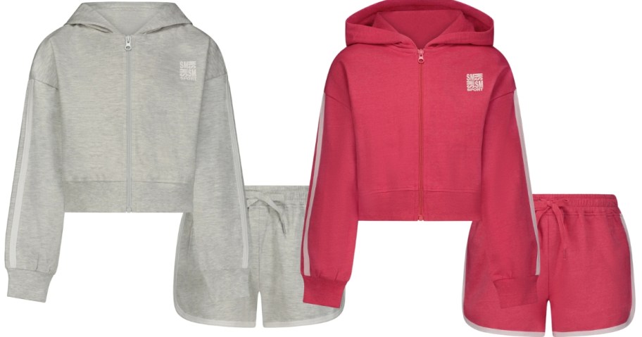 girl's hoodie and shorts sets in grey and hot pink