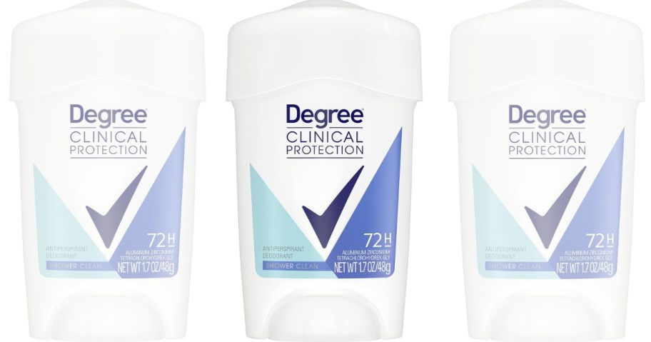 3 white and blue Degree Clinical Protection Antiperspirant Deodorant in Shower Clean scent