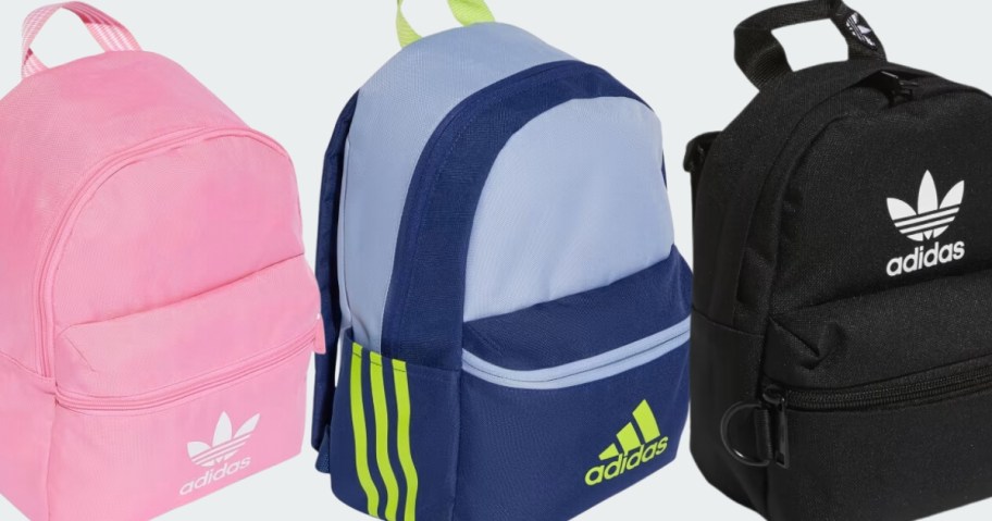 pink adidas backpack, blue and yellow adidas backpack and black adidas backpack