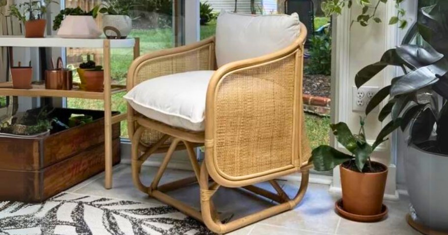 a rattan barrel back chair with cream cushion in a sunroom surrounded by plants