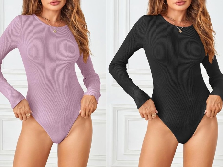 women wearing light purple and black long sleeve crew neck ribbed bodysuits