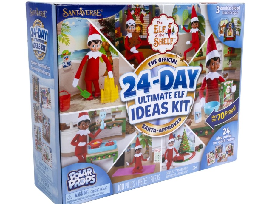 blue box with 24- Days of Elf on The Shelf Ideas kit