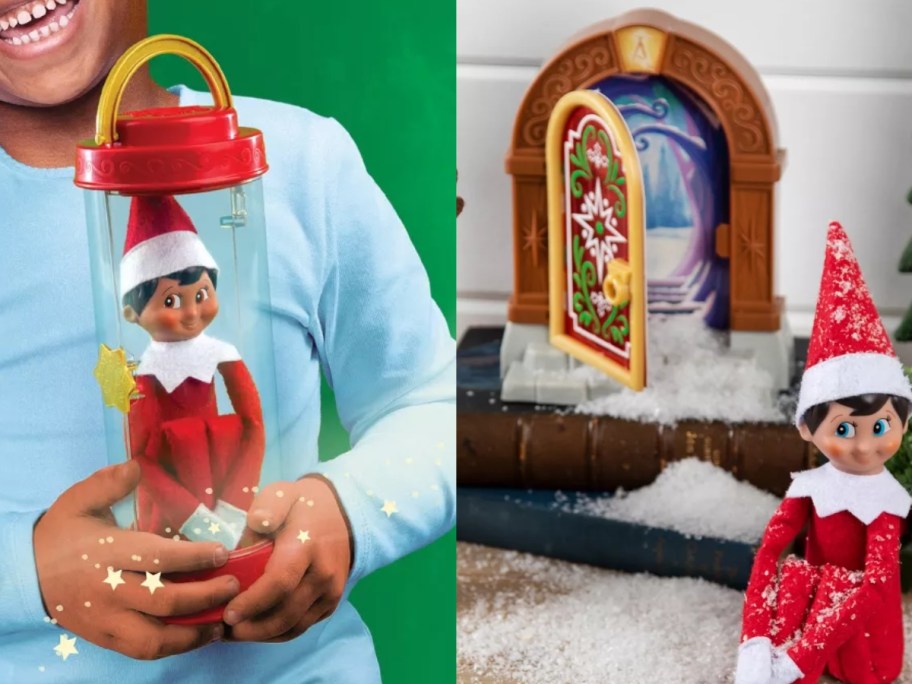 little girl holding an Elf in the Shelf in a carrier case and a magical Elf door prop next to an Elf on the Shelf