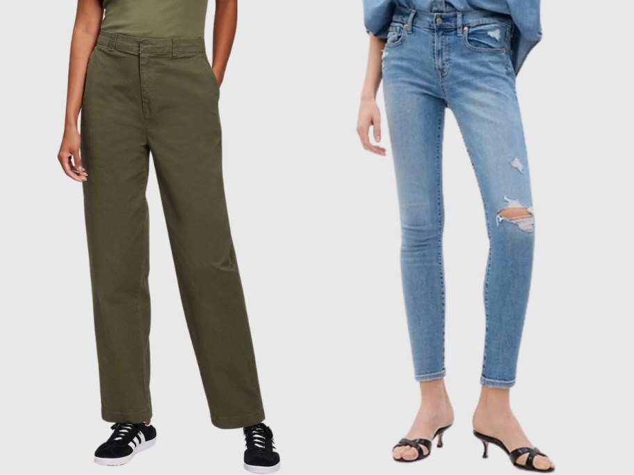 woman waring olive green pants and woman wearing ripped skinny jeans