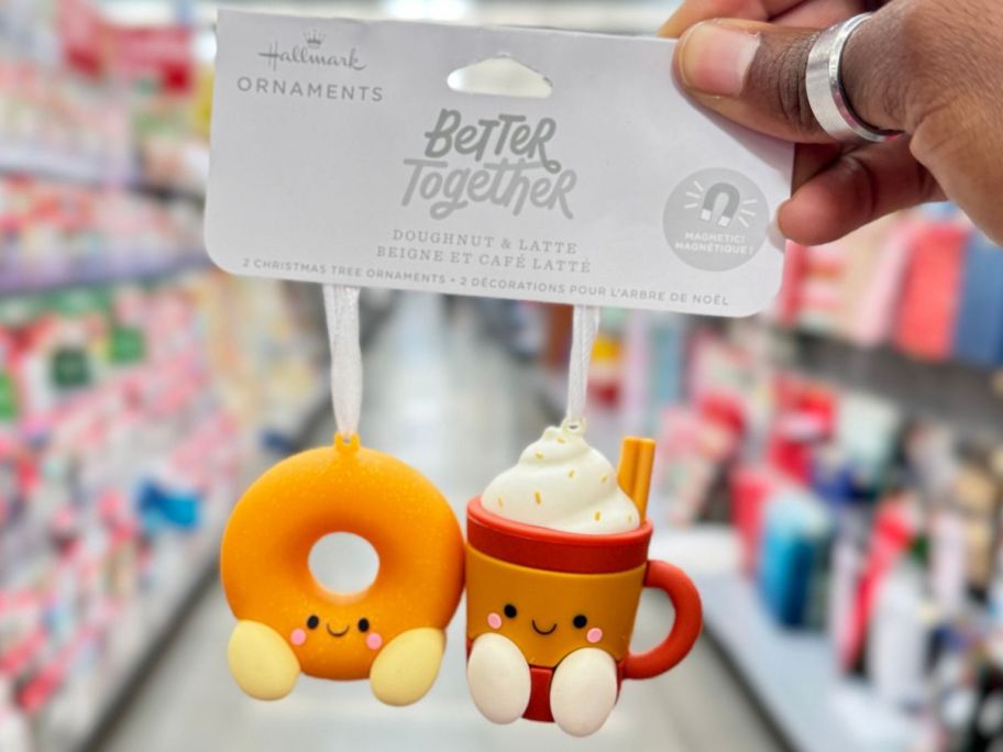 Hallmark Better Together Doughnut & Latte Magnetic Ornament Duos in hand in store