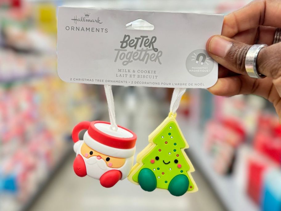 Hallmark Better Together Santa Milk Jug & Christmas Tree Cookie Magnetic Ornament Duos in hand in store