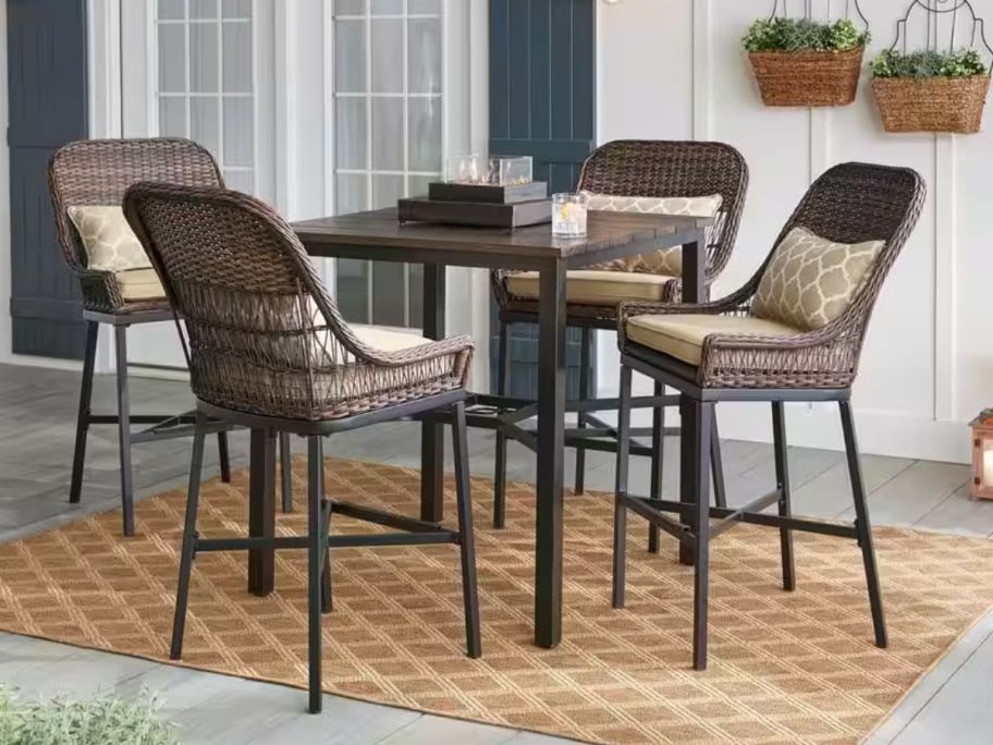 Hampton Bay Beacon Park 5-Piece Brown Wicker Outdoor Patio High Dining Set w/ Cushions on patio