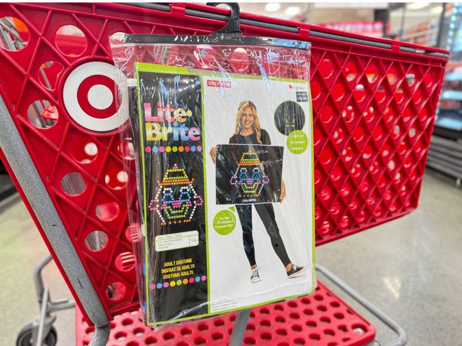 Hasbro Lite Brite Adult Deluxe Halloween Costume hanging on cart in store