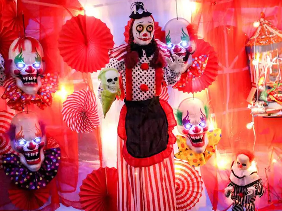 Haunted Hill Farm 65 in. Battery Operated Poseable Standing Clown with Red LED Eyes