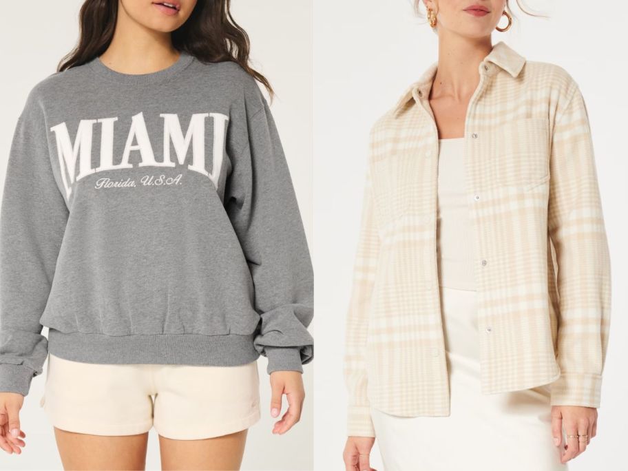 Stock images of two women wearing a Hollister sweatshirt and a shacket 