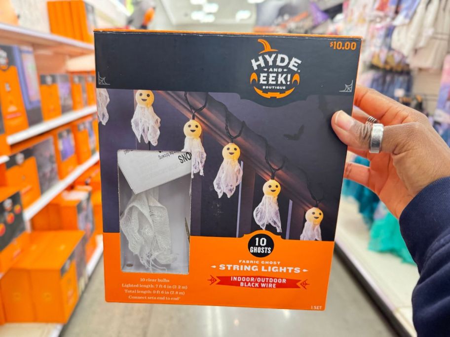 Hyde & EEK! Boutique 10-Count Incandescent Fabric Ghost Halloween String Lights in hand in store