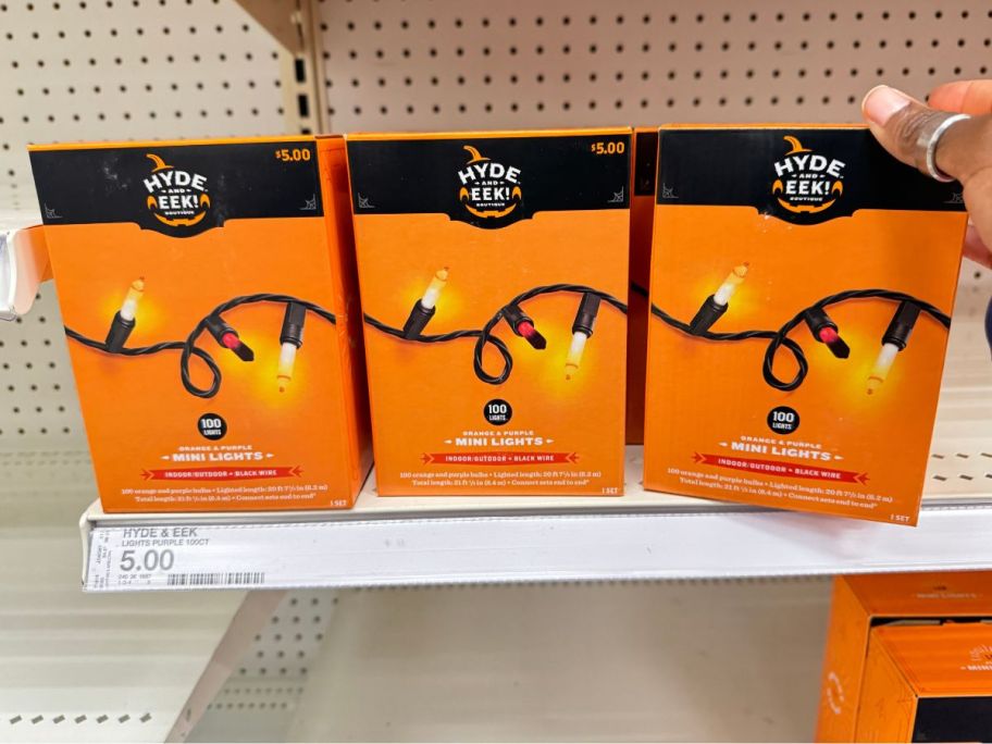 Hyde & EEK! Boutique 100-Count Incandescent Halloween Mini String Lights in shelf in store