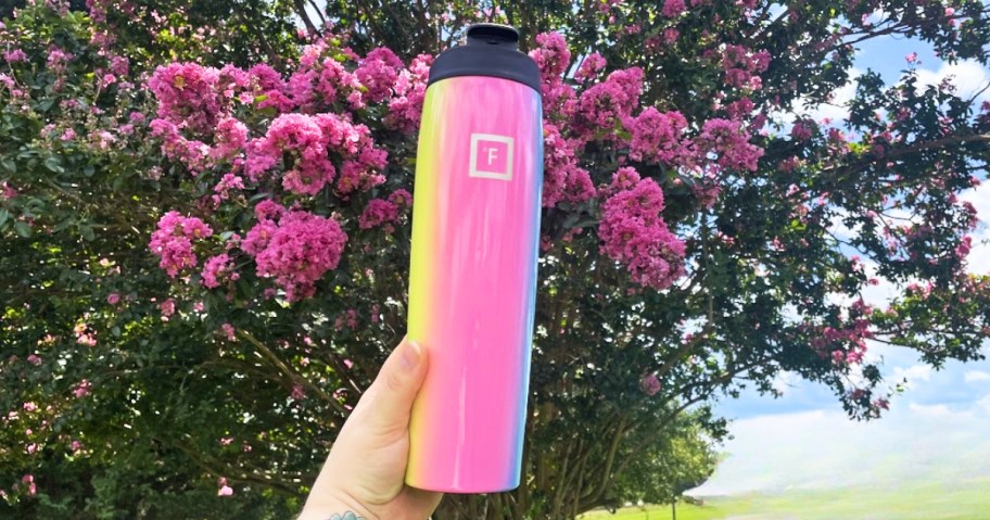 hand holding up a rainbow tumbler in front of tree with pink flowers