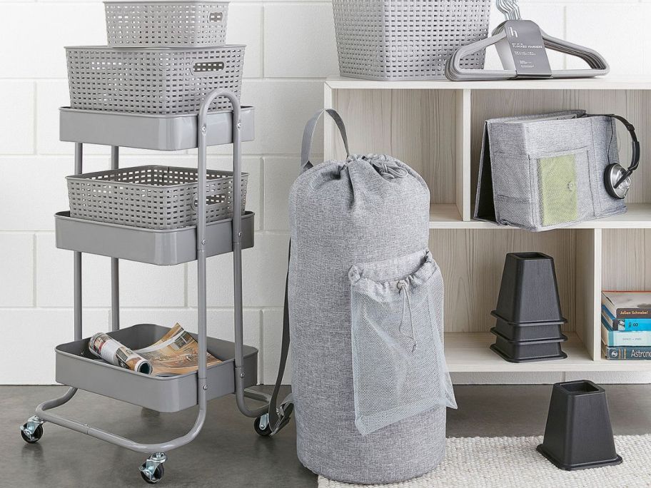 Dorm storage items and a Home Expressions laundry backpack