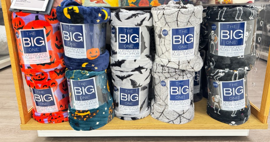 display of halloween thrown blankets in store