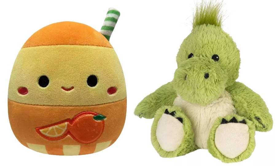 orange drink and green alligator plush toys