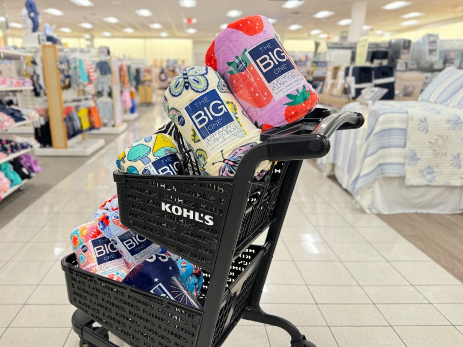 Kohls shopping cart filled with the big one blankets in diffeent patterns