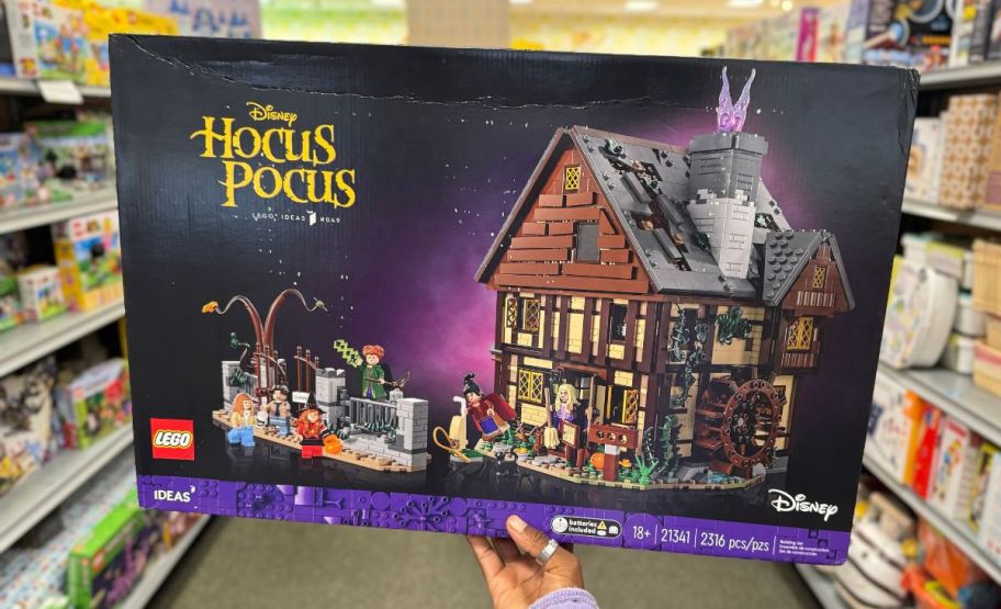 A woman's hand holding a LEGO Sanderson sisters' cottage building set box