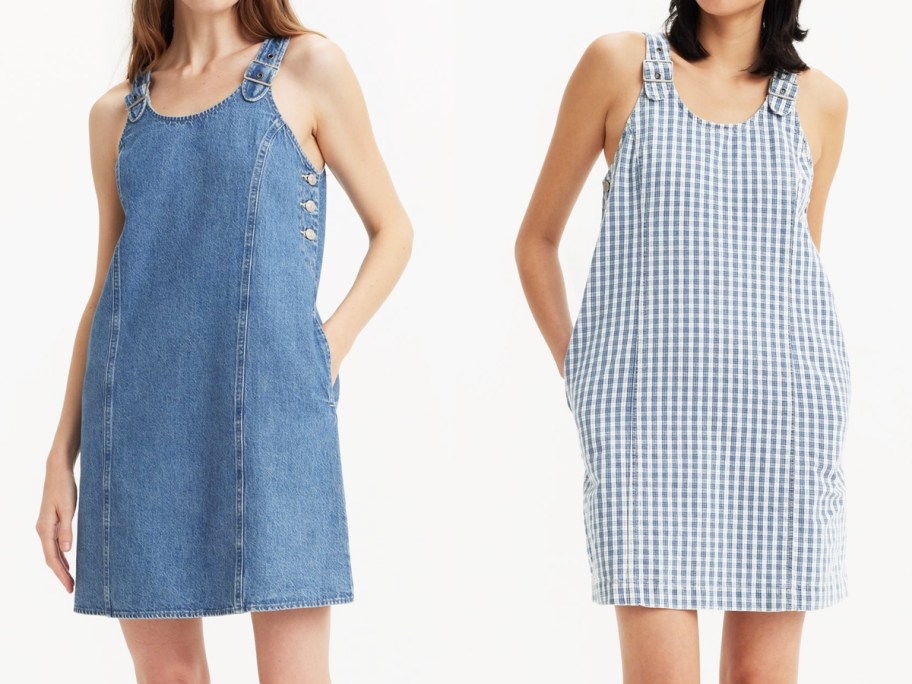 two women in denim dresses