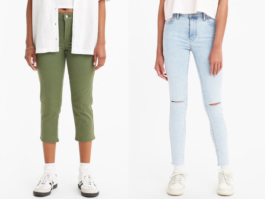 women in green capris and light wash skinny jeans