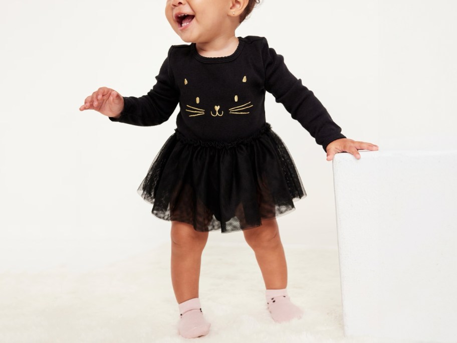 Old Navy Long-Sleeve Graphic Bodysuit Tutu Black Cat Dress for Baby