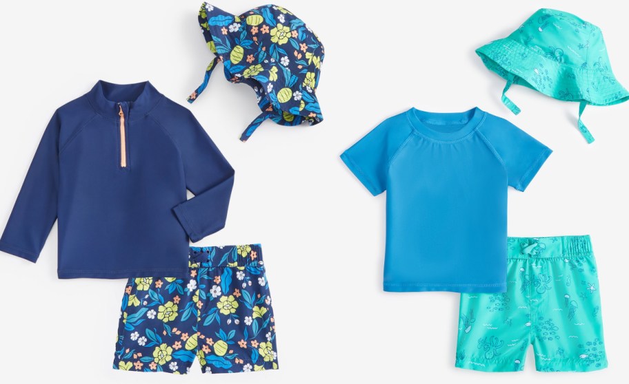 Macys three pieces baby boy swim sets in pattern and blue color
