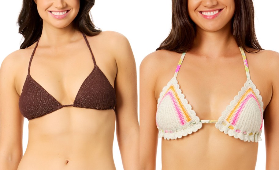 Macys women's triangle bikini tops in brown and white with color