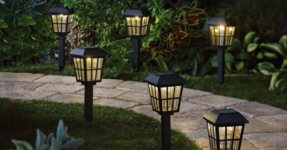 Mainstays Solar Powered Black Square Design LED Path Light along a path