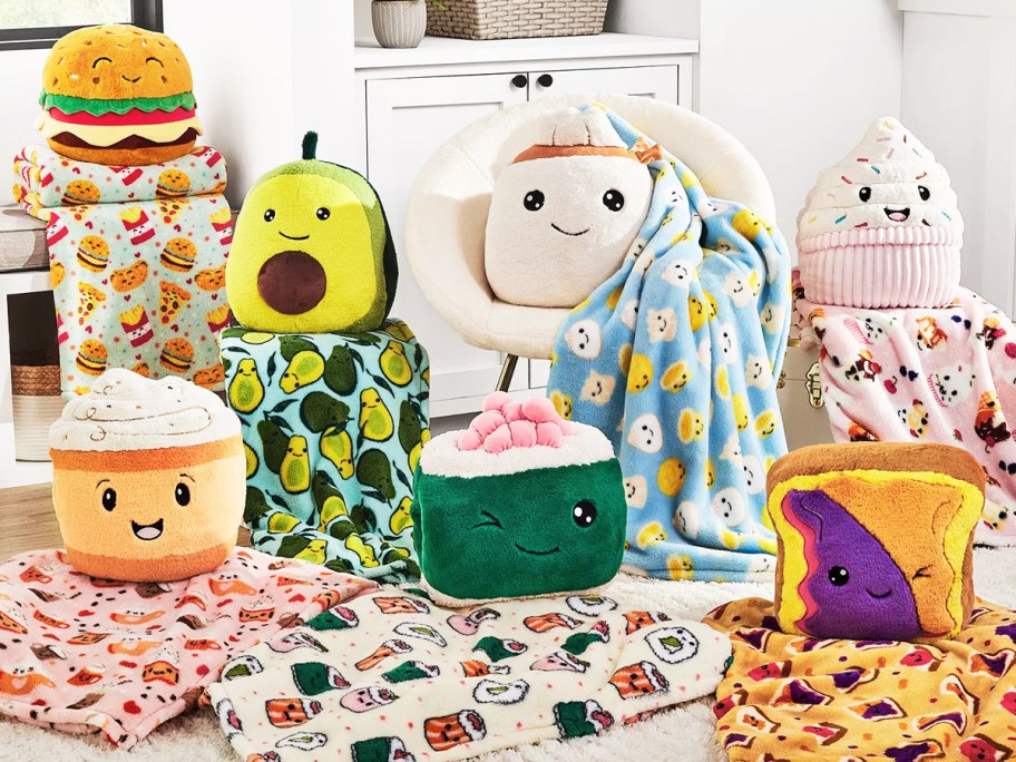 matching plush and printed blanket sets in kids room