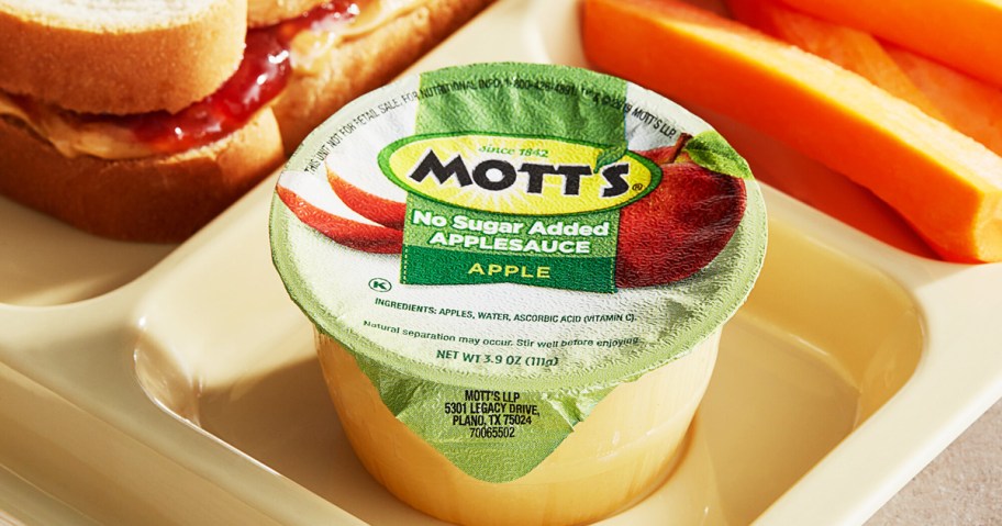 Mott's No Sugar Added Applesauce Cup on a lunch tray