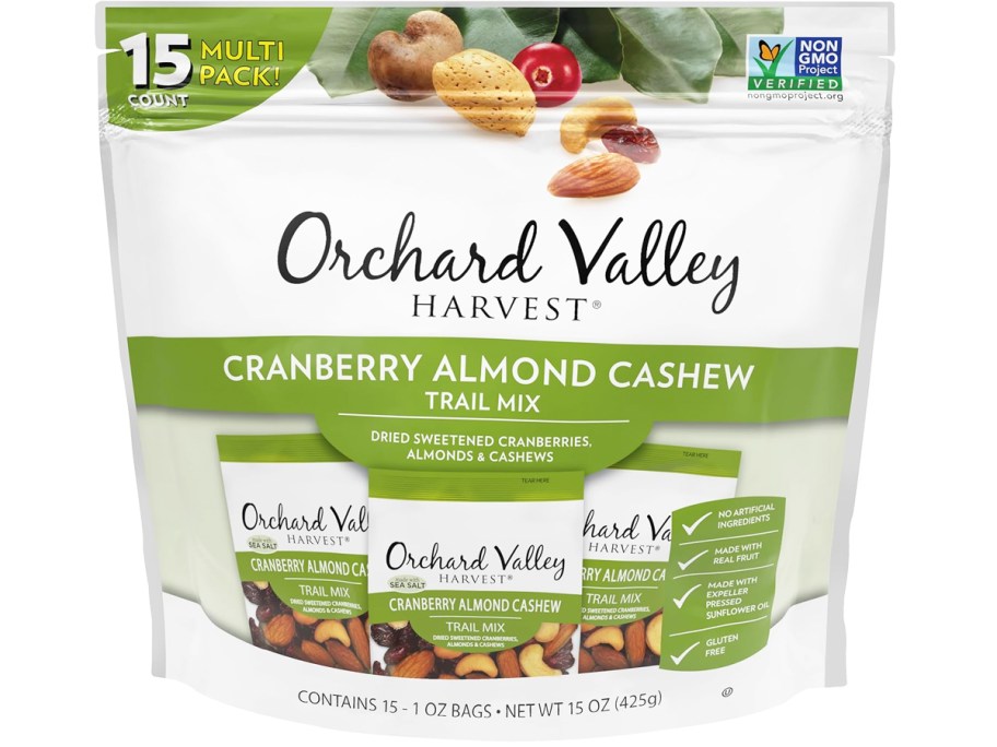 white and green bag of Orchard Valley Harvest Cranberry Almond Cashew Trail Mix