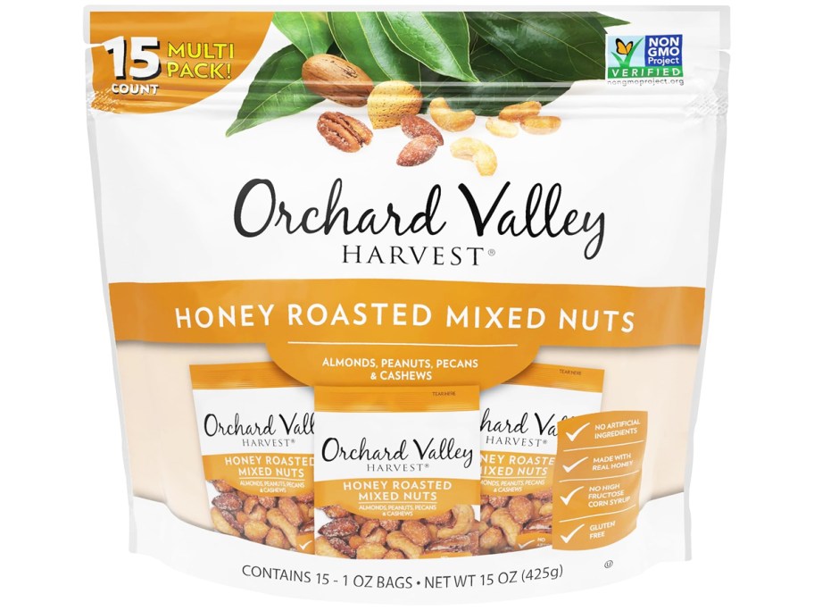 white and yellow bag of Orchard Valley Harvest Honey Roasted Mixed Nuts