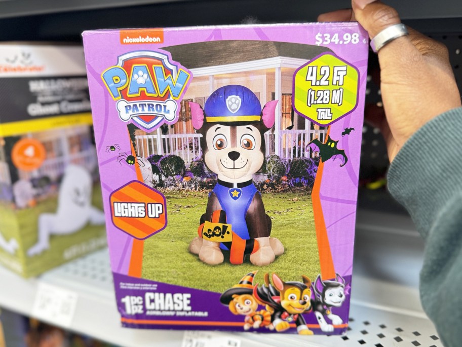 hand touching box to paw patrol inflatable on shelf