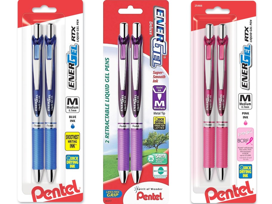 three packs of Pentel EnerGel RTX Gel Pens in blue, purple, and pink ink colors