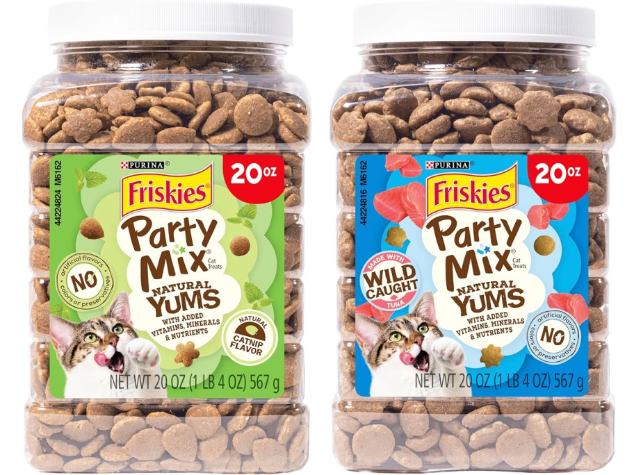 two containers of Purina Friskies Party Mix Cat Treats