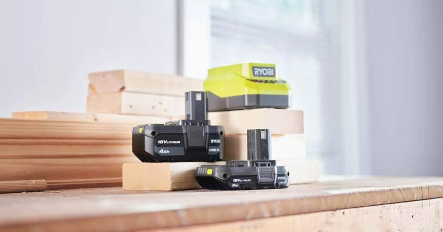 two black RYOBI batteries and green charger