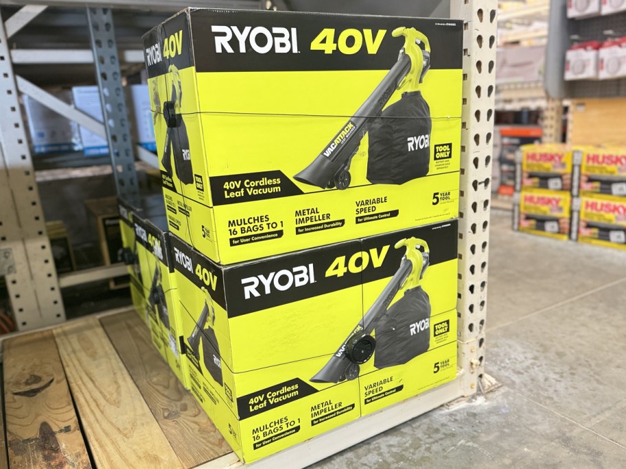 RYOBI Vac Attack Cordless Battery Leaf Vacuum boxes on display in store