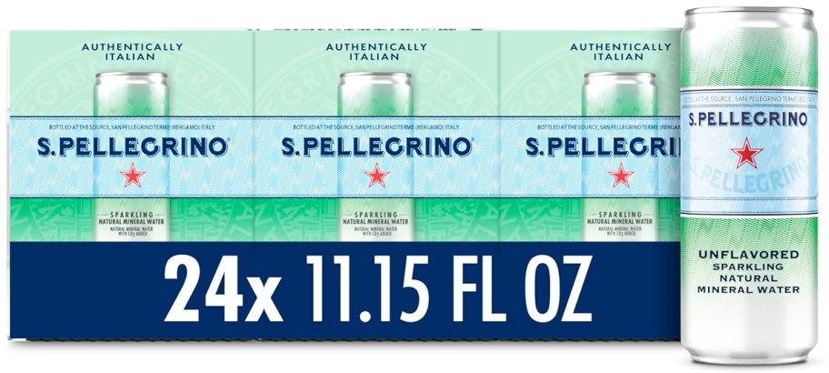 stock image of case of S.Pellegrino Sparkling Natural Mineral Water cans