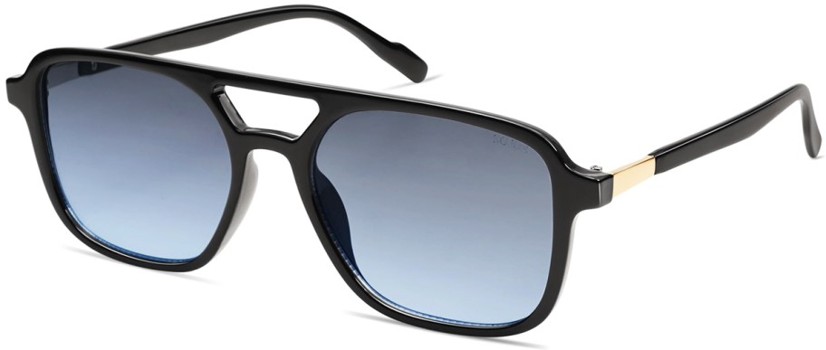 pair of black sunglasses with blue lenses