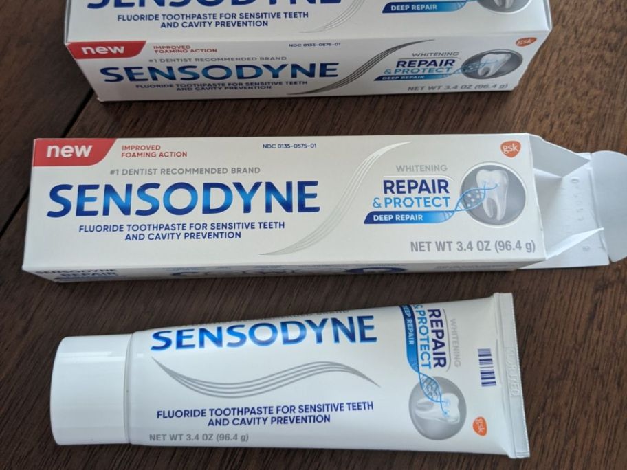 Sensodyne Repair and Protect Whitening Toothpaste on a table