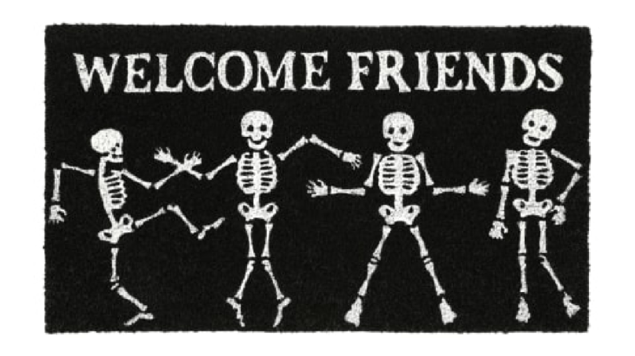 Skeleton Halloween Doormat that says Welonlinee Friends