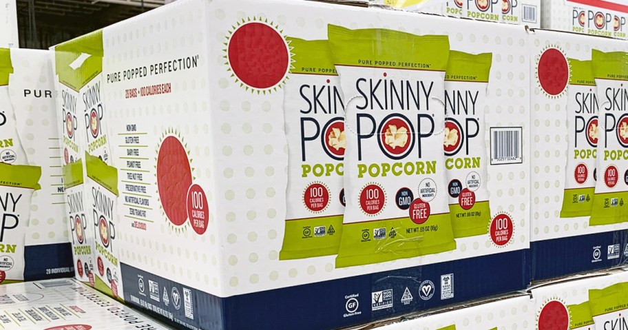 stacked boxes of SkinnyPop popcorn in store