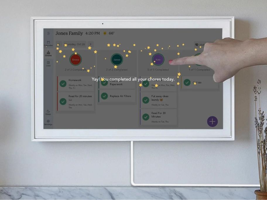 A Skylight Chore Chart with the screen displaying the chores onlinepleted message