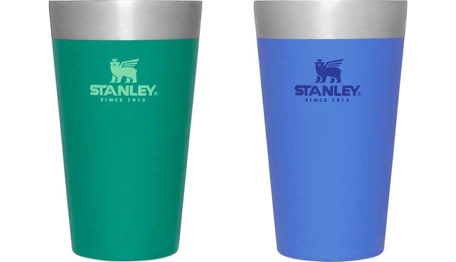 green and bright blue stanley pint glasses