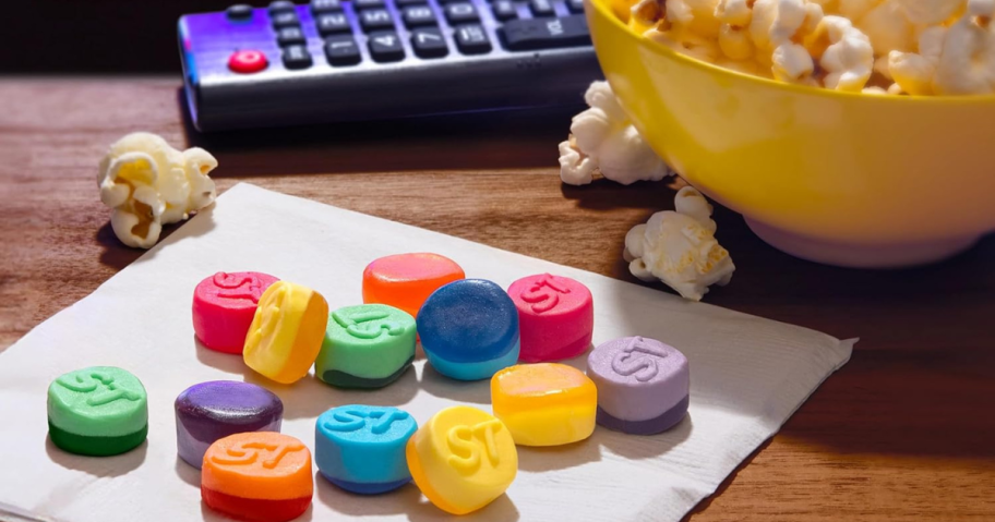 SweeTarts Fruity Splitz Candies on a napkin next to a bowl of popcorn and a TV remote