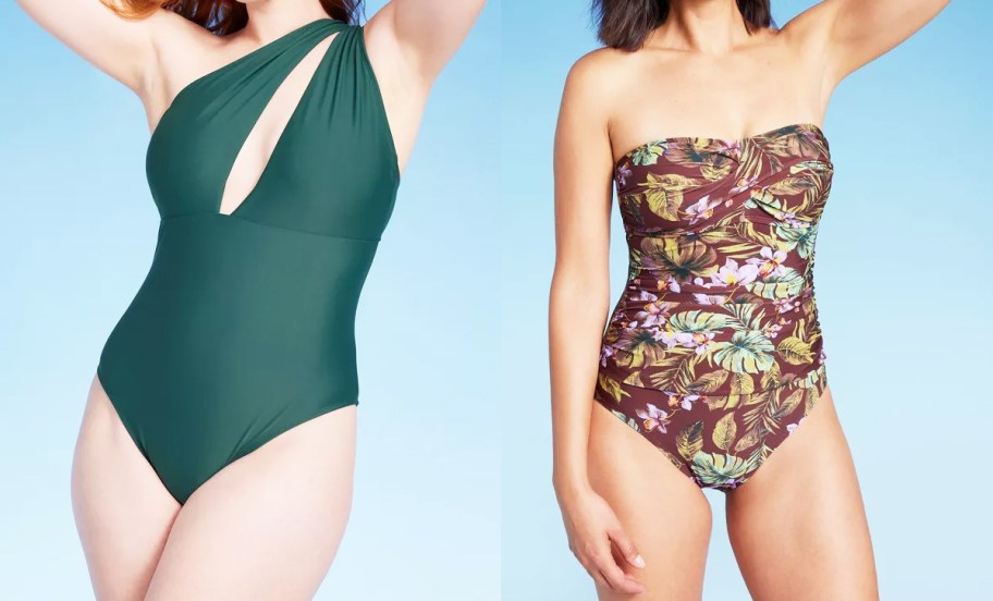 women in teal and brown floral print one piece bathing suits