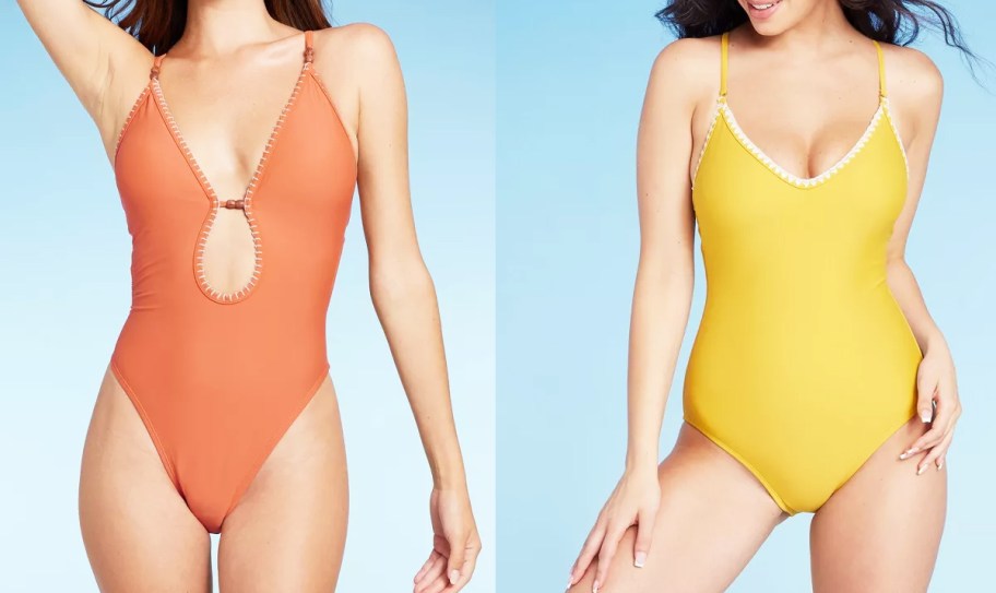 two women in orange and yellow one piece bathing suits