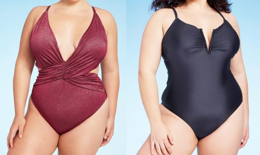 two women in red and black one piece bathing suits