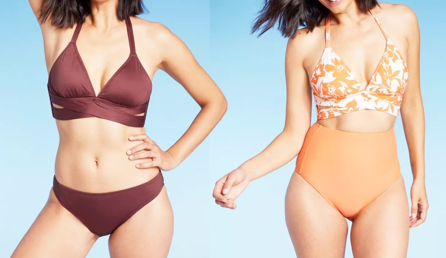 two women in brown and orange 2-piece swimsuits