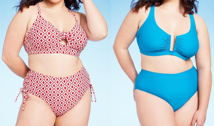 two women in red and blue 2-piece swimsuits